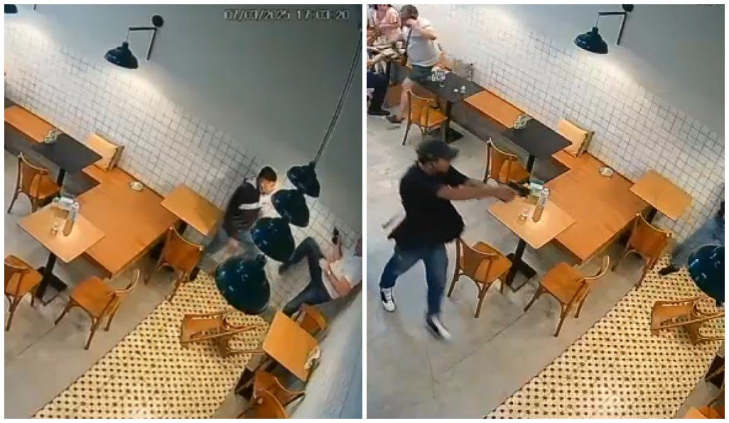 Câmera de segurança registra assalto que deixou homem baleado em padaria em Pinheiros, Zona Oeste de SP Câmera de segurança registra assalto que deixou homem baleado em padaria em Pinheiros, Zona Oeste de SP