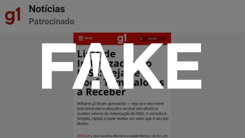 É #FAKE página que imita o g1 e promete indenização de R$ 2 mil a R$ 8 mil pelo INSS; trata-se de golpe