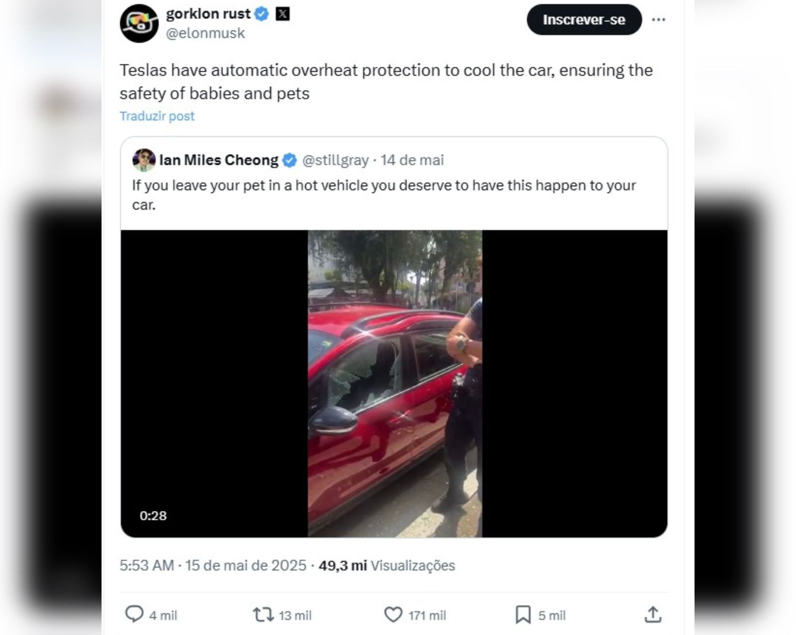Elon Musk usa vídeo de resgate de cão preso em carro em SC para promover Tesla: ‘Proteção contra superaquecimento’ Elon Musk usa vídeo de resgate de cão preso em carro em SC para promover Tesla: ‘Proteção contra superaquecimento’