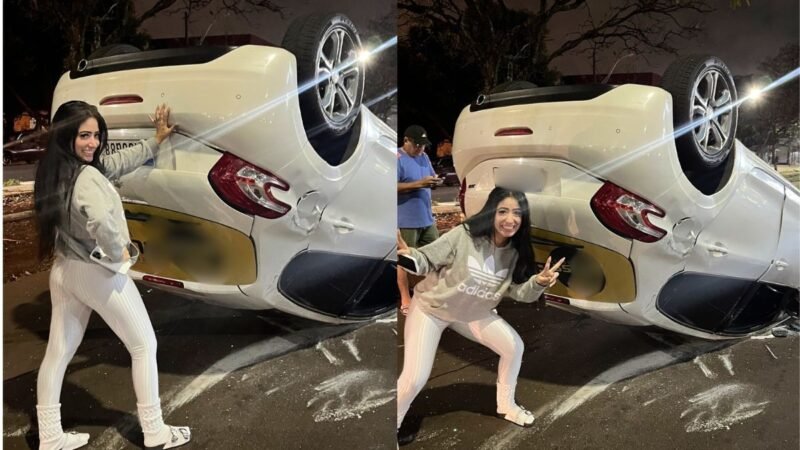 Jovem que capotou carro e fez pose para foto ao lado do veículo diz que usou do bom humor para lidar com prejuízo: ‘Rir para não chorar’