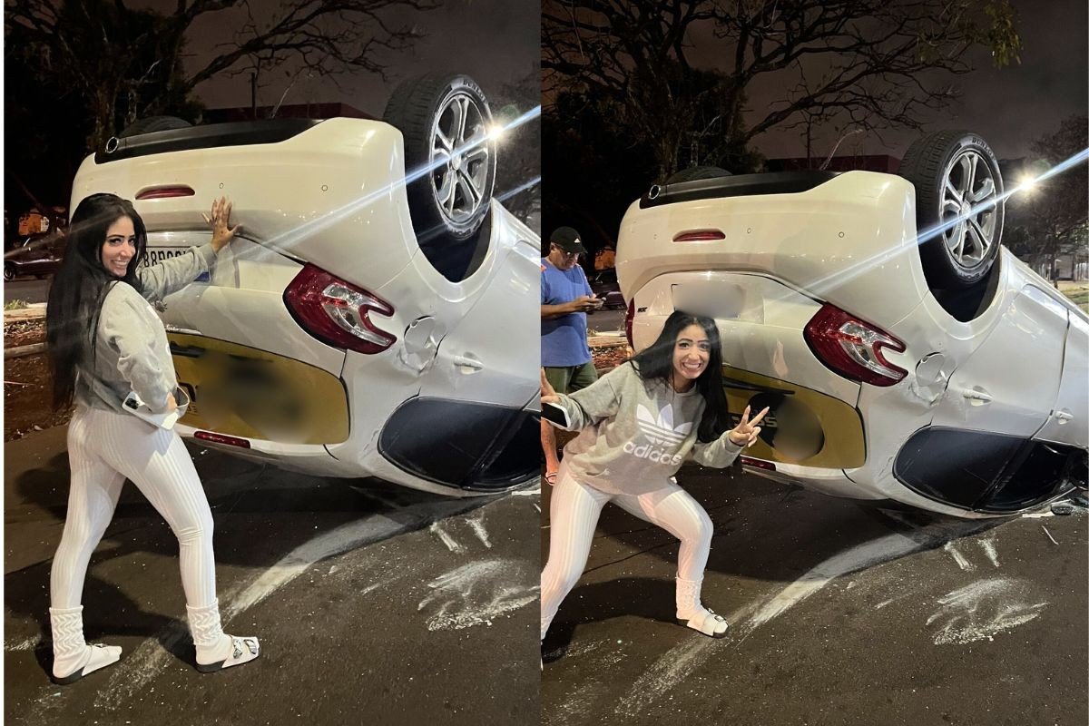 Jovem que capotou carro e fez pose para foto ao lado do veículo diz que usou do bom humor para lidar com prejuízo: ‘Rir para não chorar’ Jovem que capotou carro e fez pose para foto ao lado do veículo diz que usou do bom humor para lidar com prejuízo: ‘Rir para não chorar’
