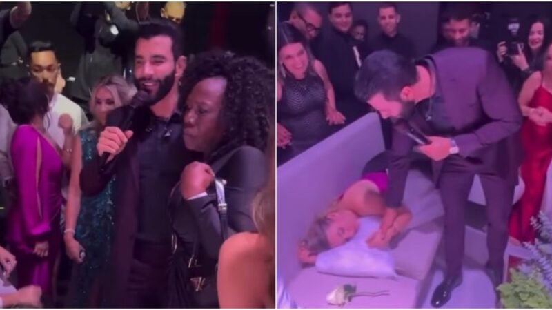 Gusttavo Lima canta para acordar convidada adormecida em casamento de Éder Militão e Tainá