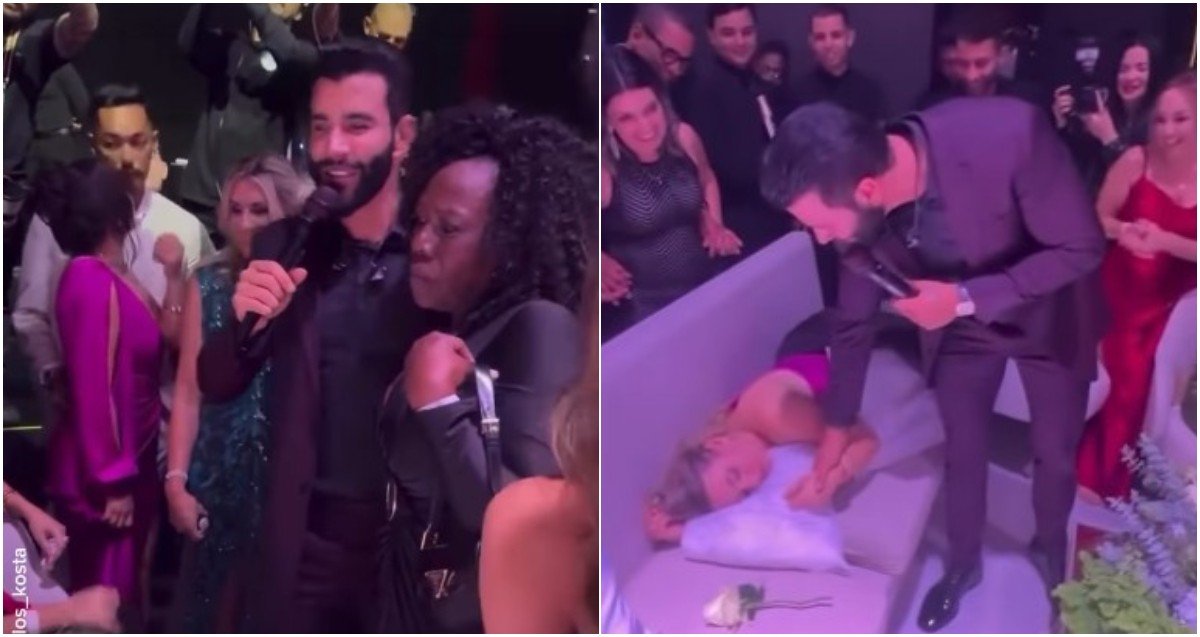 Gusttavo Lima canta para acordar convidada adormecida em casamento de Éder Militão e Tainá