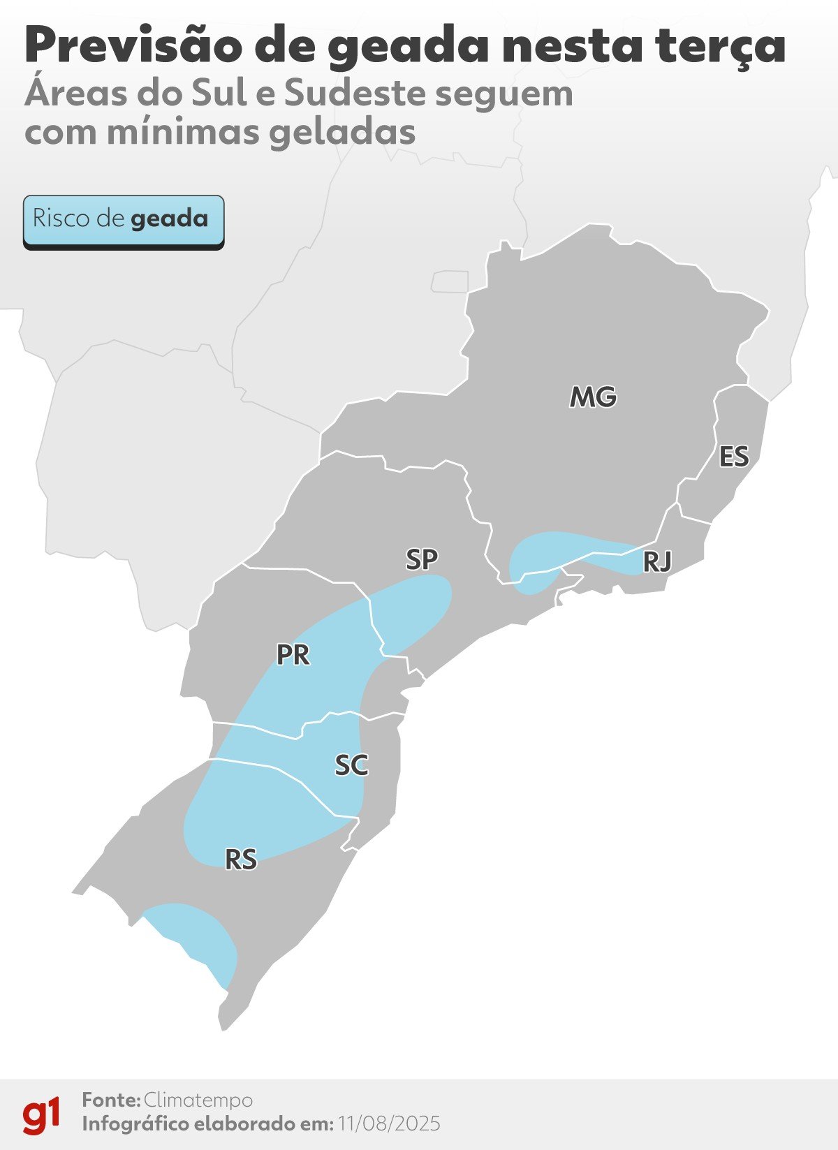 Frio intenso segue e geada se espalha pelo Sul e Sudeste nesta terça; veja previsão para todo o país