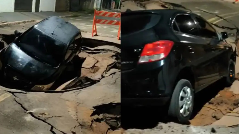 Cratera engole carro em rua de Coxim após fortes chuvas