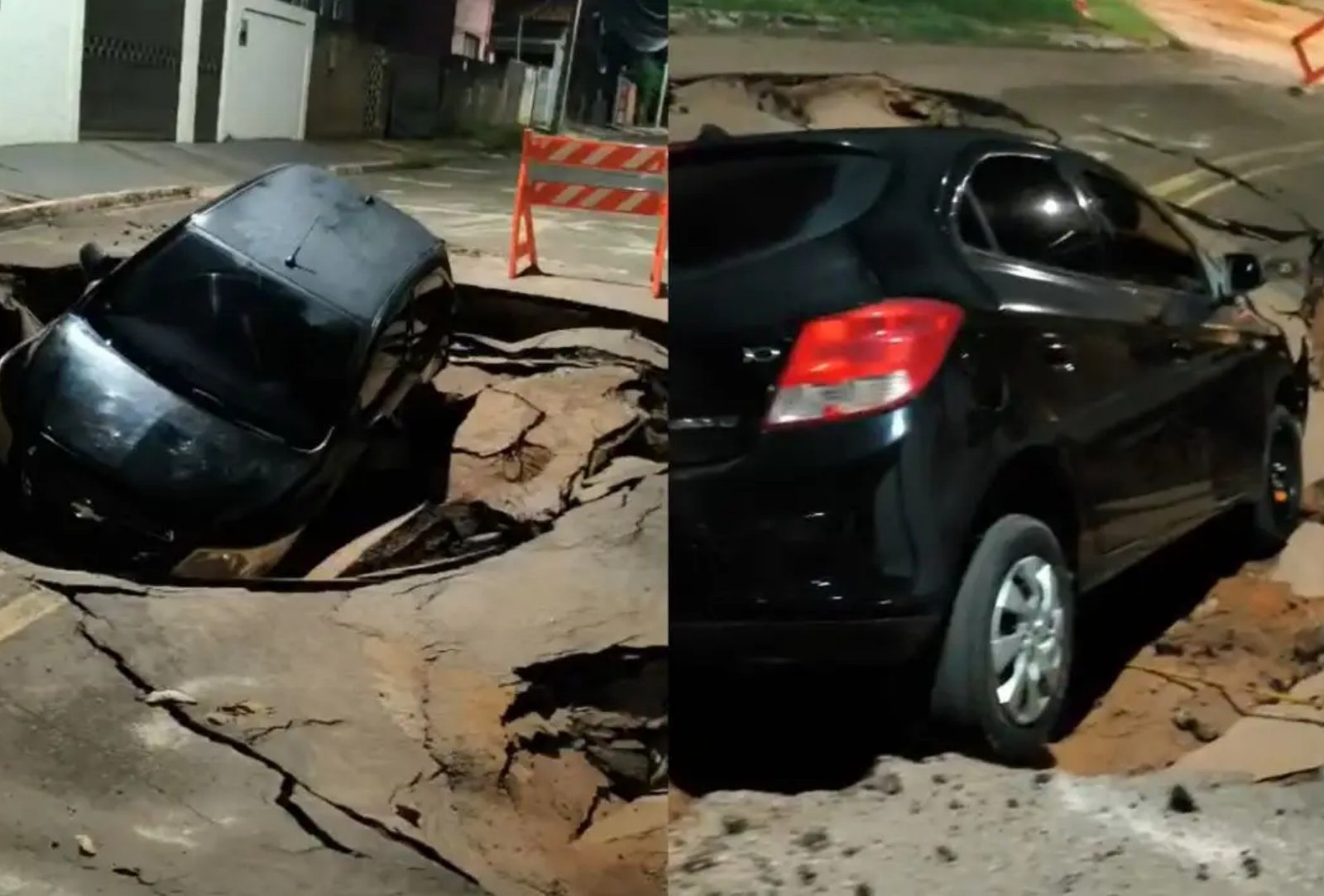 Cratera engole carro em rua de Coxim após fortes chuvas