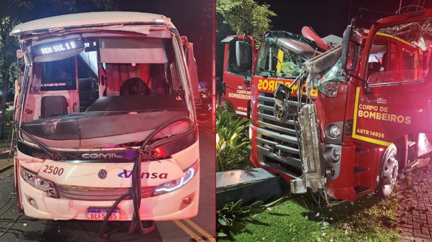 Caminhão dos bombeiros é atingido por ônibus a caminho de incêndio, no Paraná