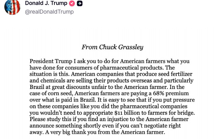 Trump publica mensagem de senador que pede insumos agrícolas mais baratos nos EUA e diz que produtores brasileiros pagam menos por sementes